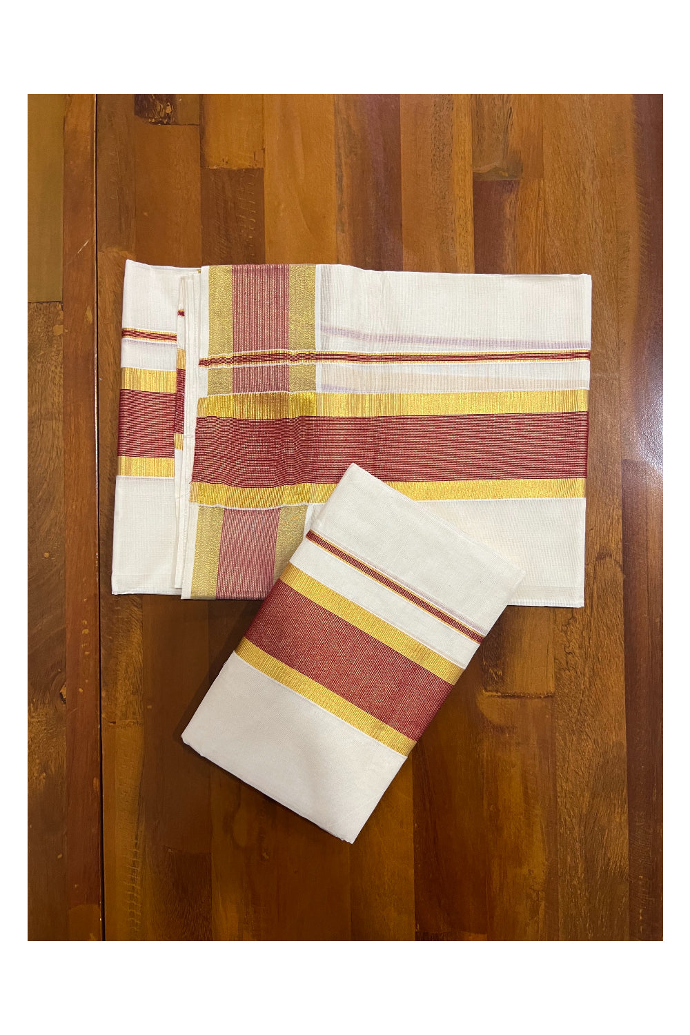 Kerala Cotton Mundum Neriyathum Single (Set Mundu) with Red and Kasavu Border 2.80 Mtrs