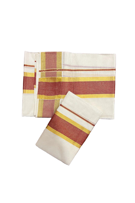 Kerala Cotton Mundum Neriyathum Single (Set Mundu) with Red and Kasavu Border 2.80 Mtrs