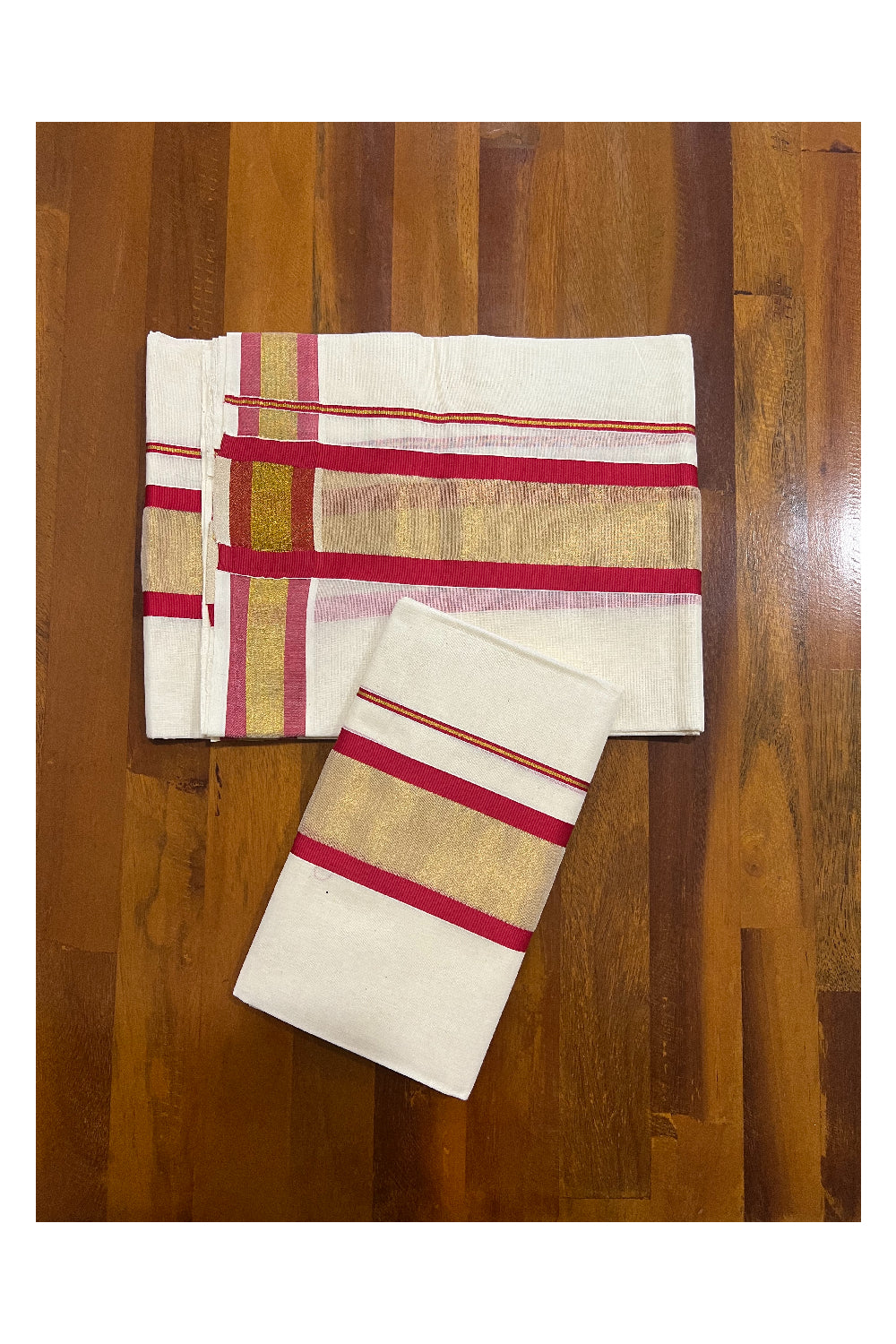 Kerala Cotton Set Mundu (Mundum Neriyathum) with Kasavu and Red Border