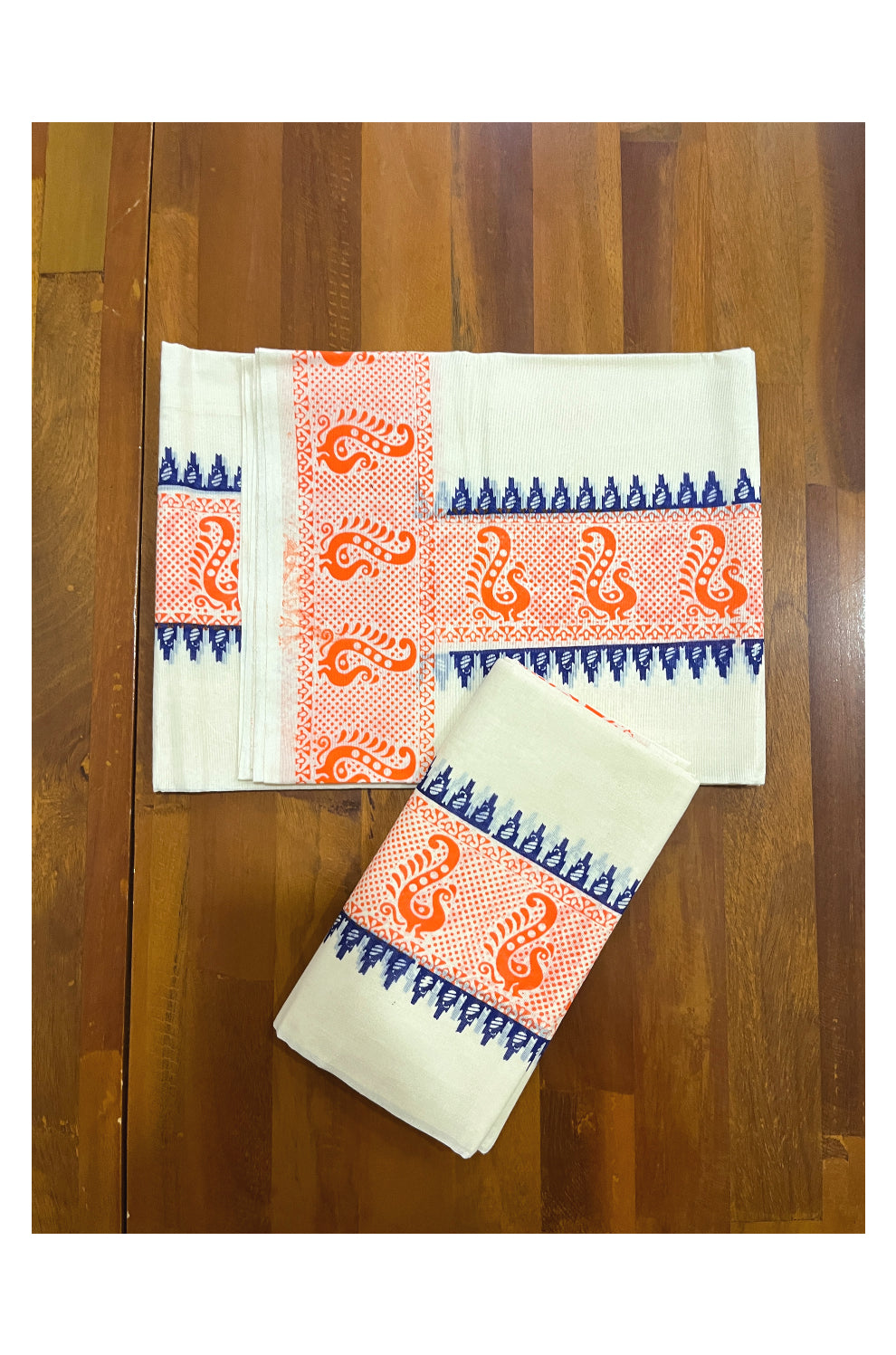 Pure Cotton Single Set Mundu (Mundum Neriyathum Vishu 2023) with Blue Temple Block Prints and Peach Border 2.80 Mtrs