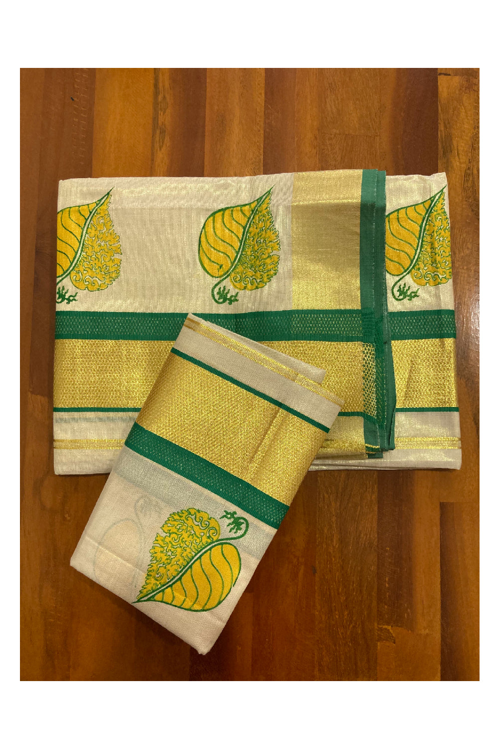 Tissue Set Mundu with Hand Block Printed Green and Yellow Leaf Design