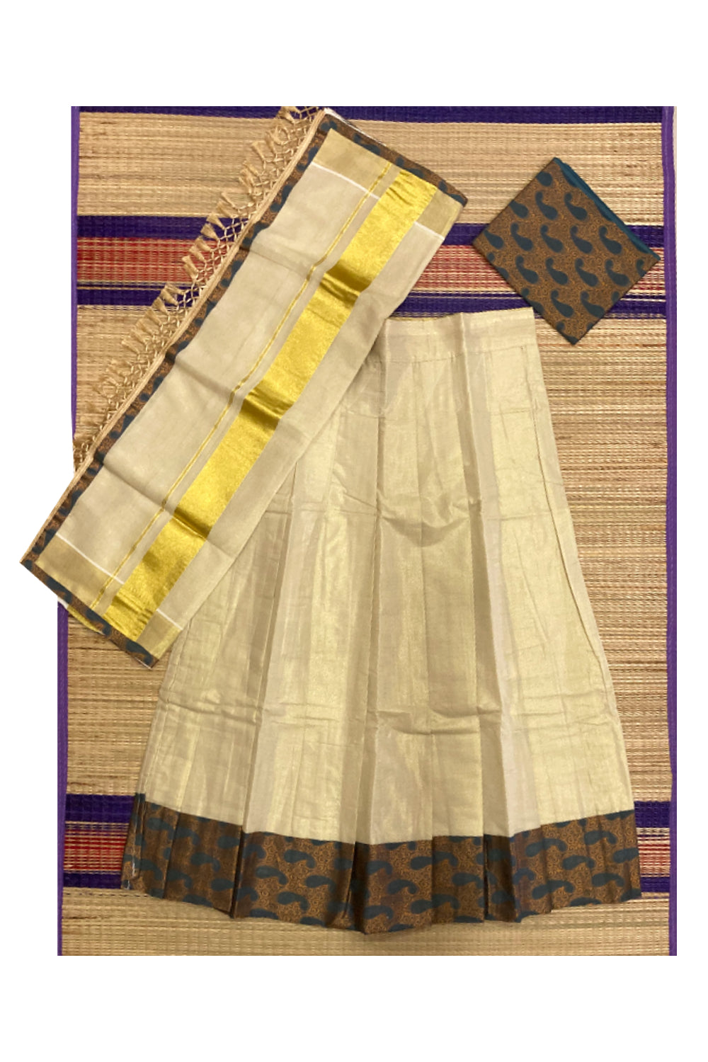 Semi Stitched Dhavani Set with Tissue Pavada and Grey Designer Blouse Piece