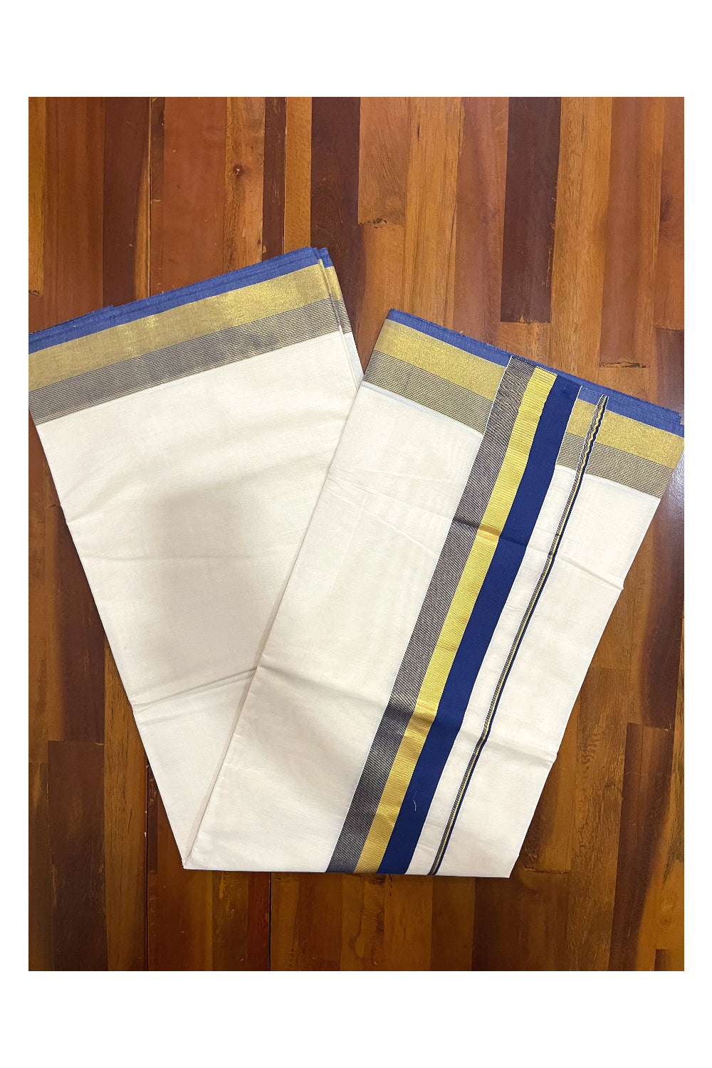 Kerala Pure Cotton Plain Saree with Kasavu and Blue Border