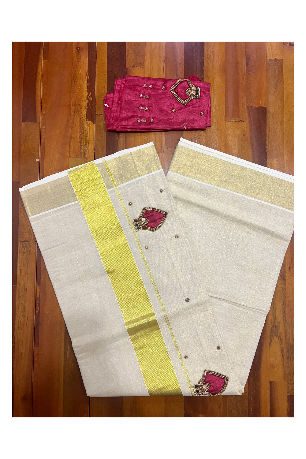 Kerala Tissue Kasavu Saree with Bead Work Design and Dark Red Blouse Piece