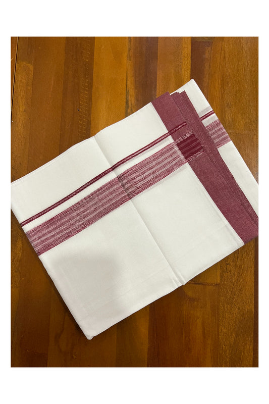 Pure White Kerala Cotton Double Mundu with Maroon Border (South Indian Dhoti)