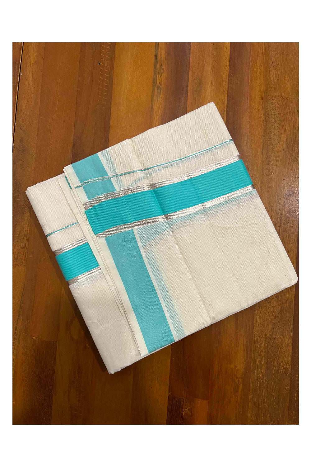 Off White Kerala Double Mundu with Silver Kasavu and Turquoise Border (South Indian Dhoti)