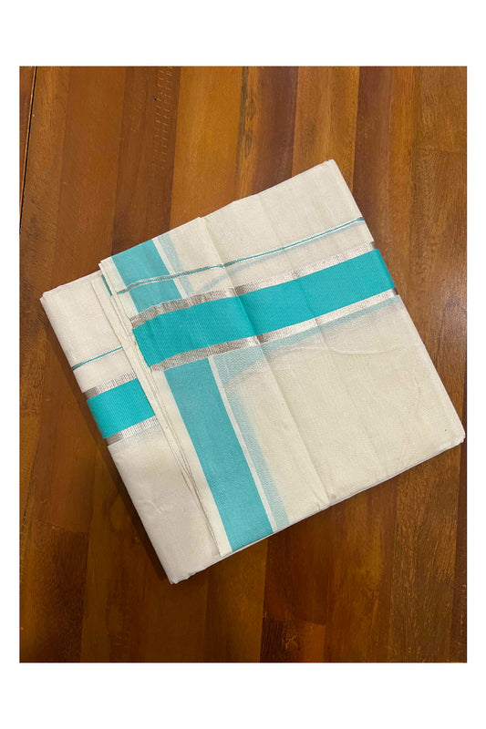 Off White Kerala Double Mundu with Silver Kasavu and Turquoise Border (South Indian Dhoti)