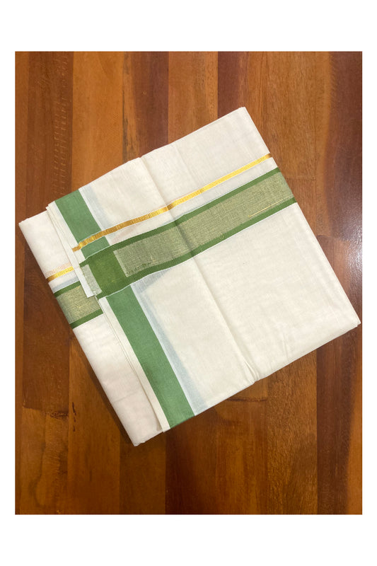 Off White Pure Cotton Double Mundu with Kasavu and Green Border (South Indian Dhoti)