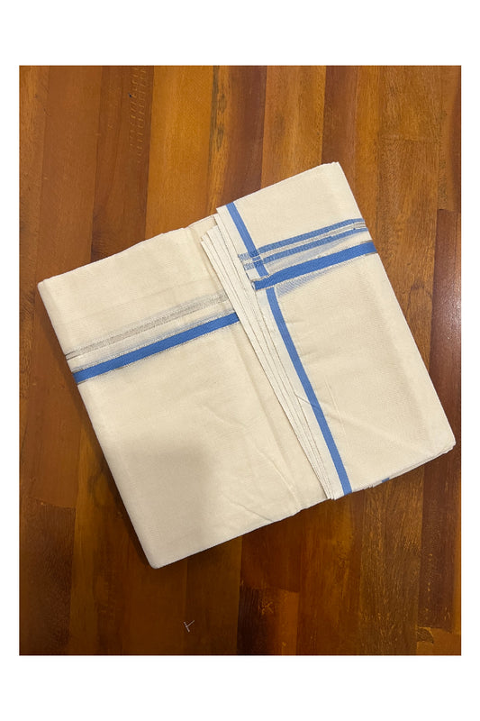 Off White Cotton Mundu with Light Blue and Silver Kasavu Puliyilakkara Border (South Indian Dhoti)