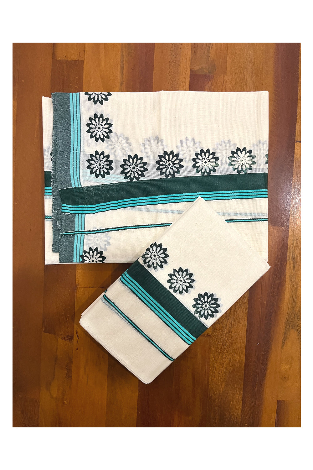 Kerala Cotton Single Set Mundu (Mundum Neriyathum) with Green Blue Floral Block Prints on Border