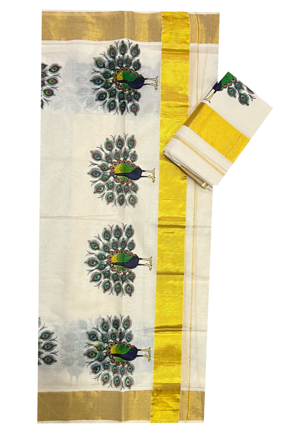 Pure Cotton Kasavu Set Mundu (Mundum Neriyathum) with Peacock Mural Prints on Border 2.80 Mtrs