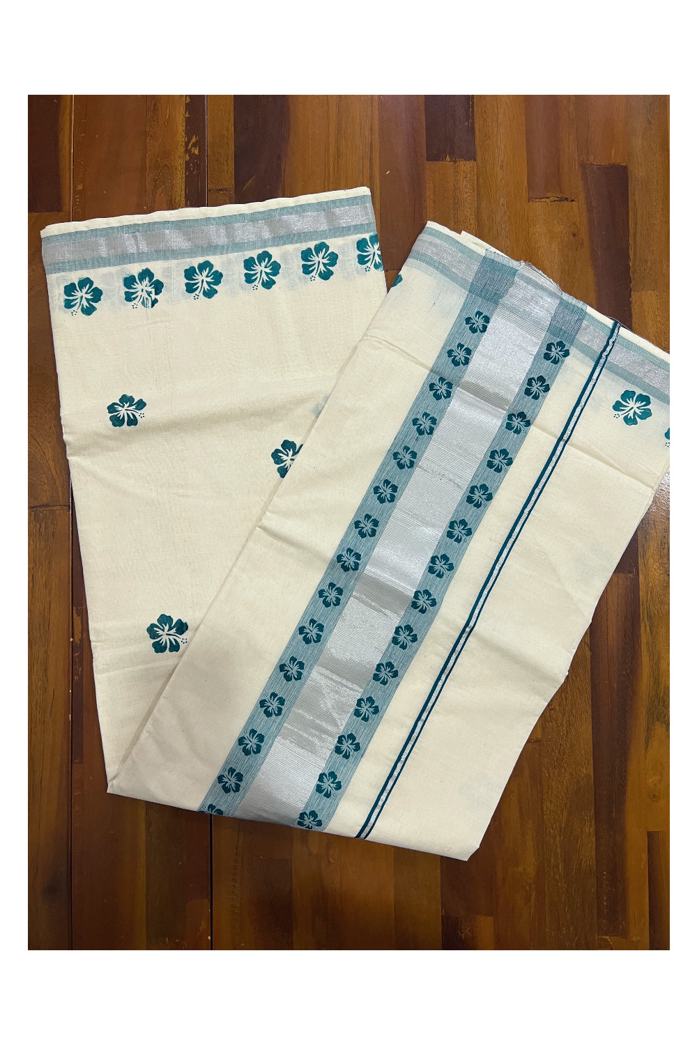 Pure Cotton Kerala Saree with Green Floral Block Prints on SIlver Kasavu Border