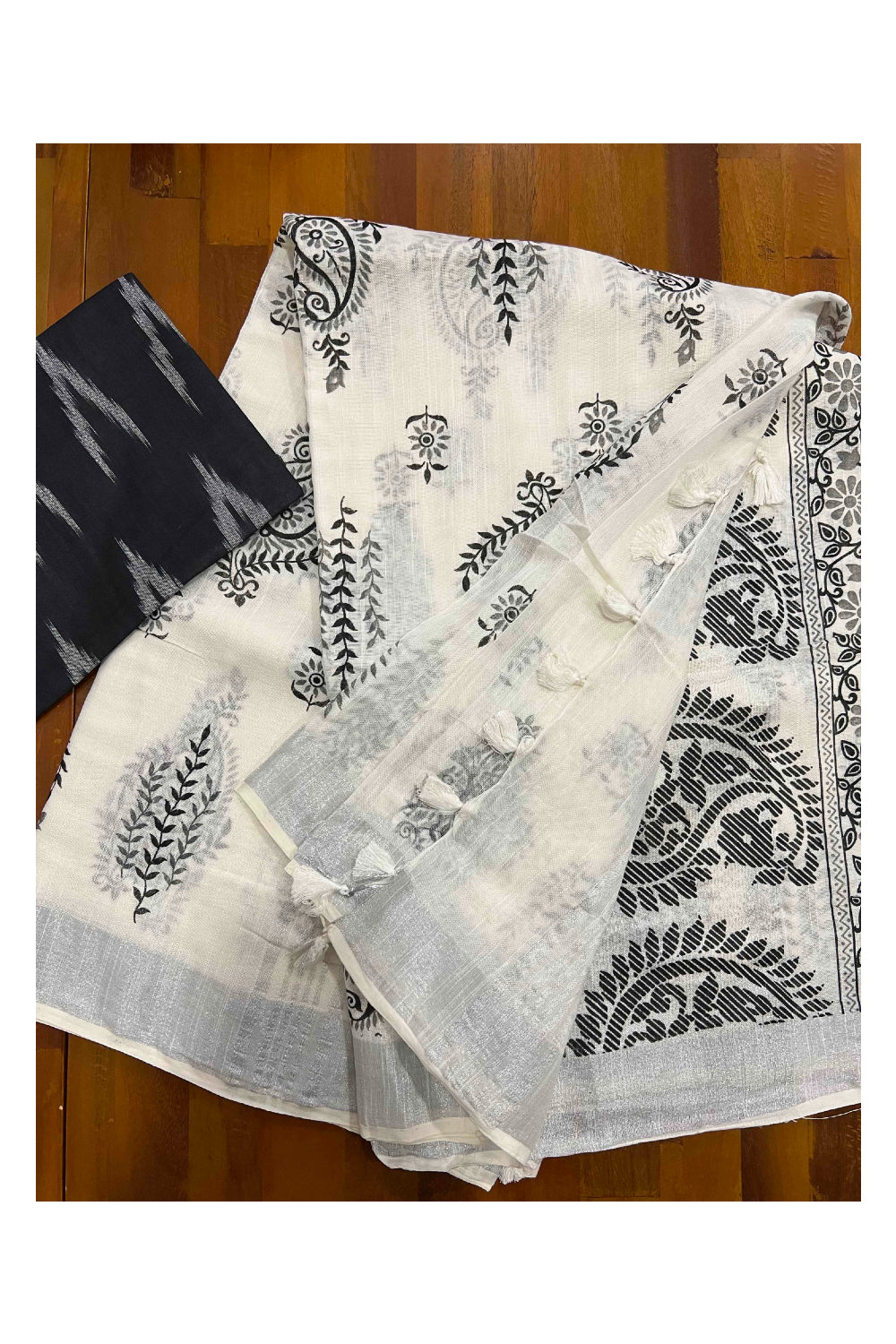 Southloom Linen Designer Saree in White and Black Printed with Tassels
