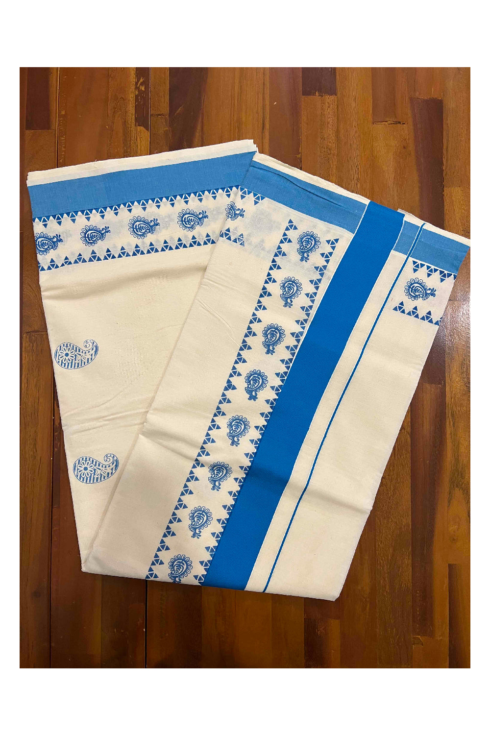 Pure Cotton Kerala Saree with Light Blue Paisley Block Printed Border