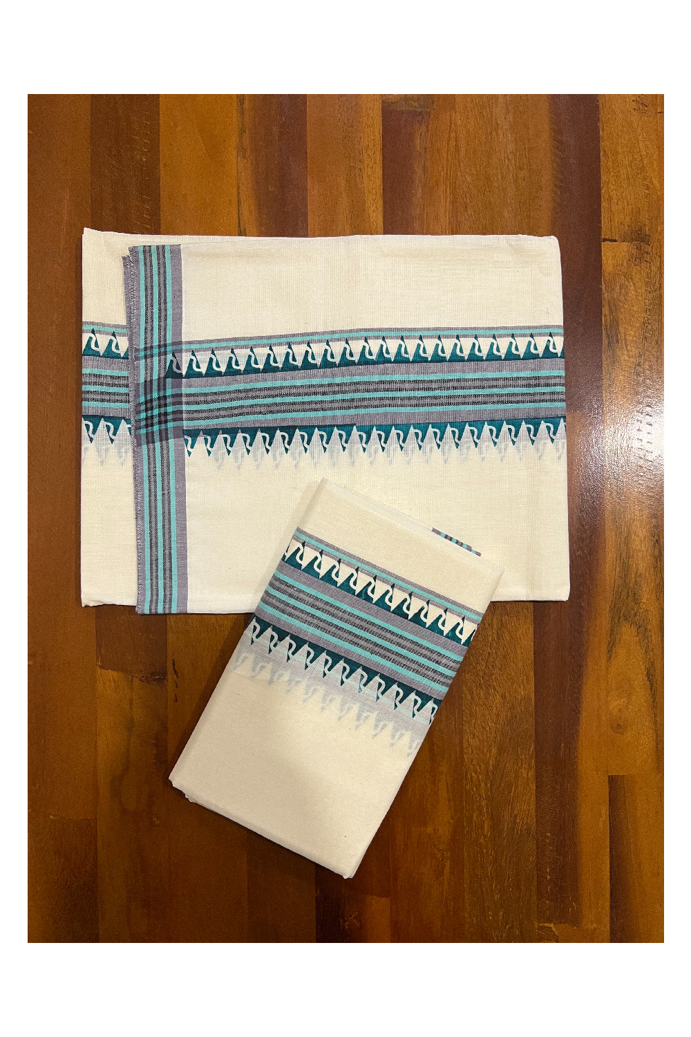 Kerala Cotton Mulloth Mundum Neriyathum Single (Set Mundu) with Green Temple Block Prints on Border (Extra Soft Cotton)