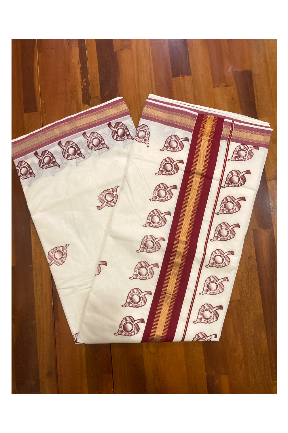 Pure Cotton Kerala Saree with Maroon Leaf Block Printed Design and Kasavu Border