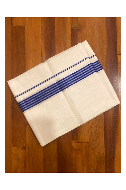 Off White Kerala Double Mundu with Blue and Silver Kasavu Lines Border (South Indian Dhoti)