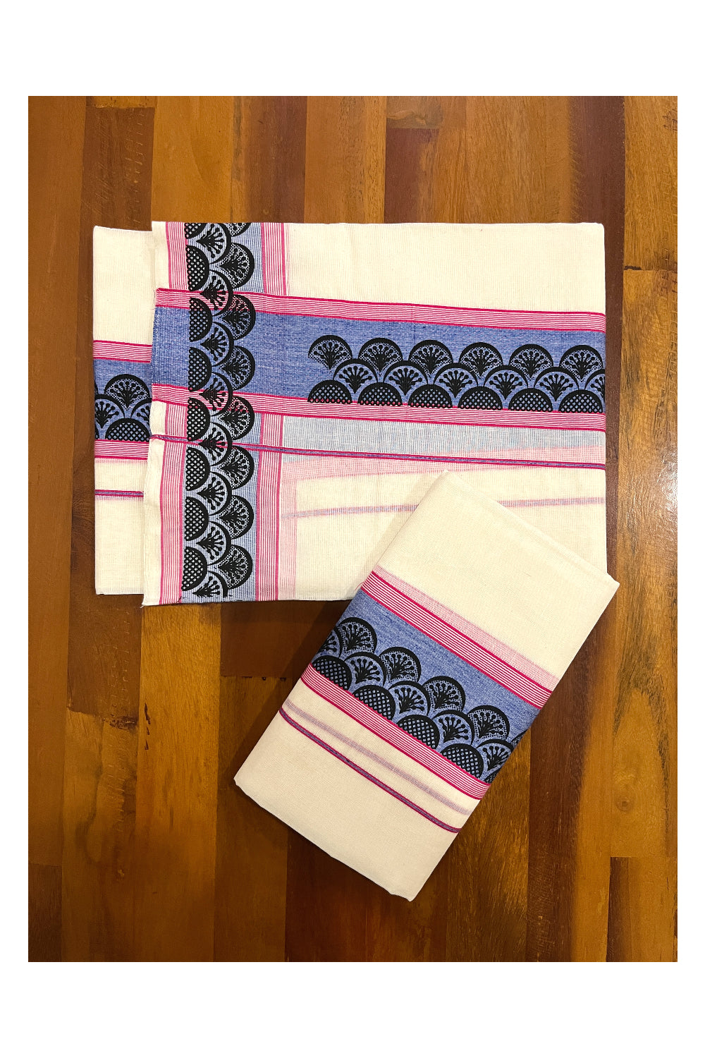 Pure Cotton Single Set Mundu (Mundum Neriyathum Vishu 2023) with Black Block Prints on Blue Pink Border