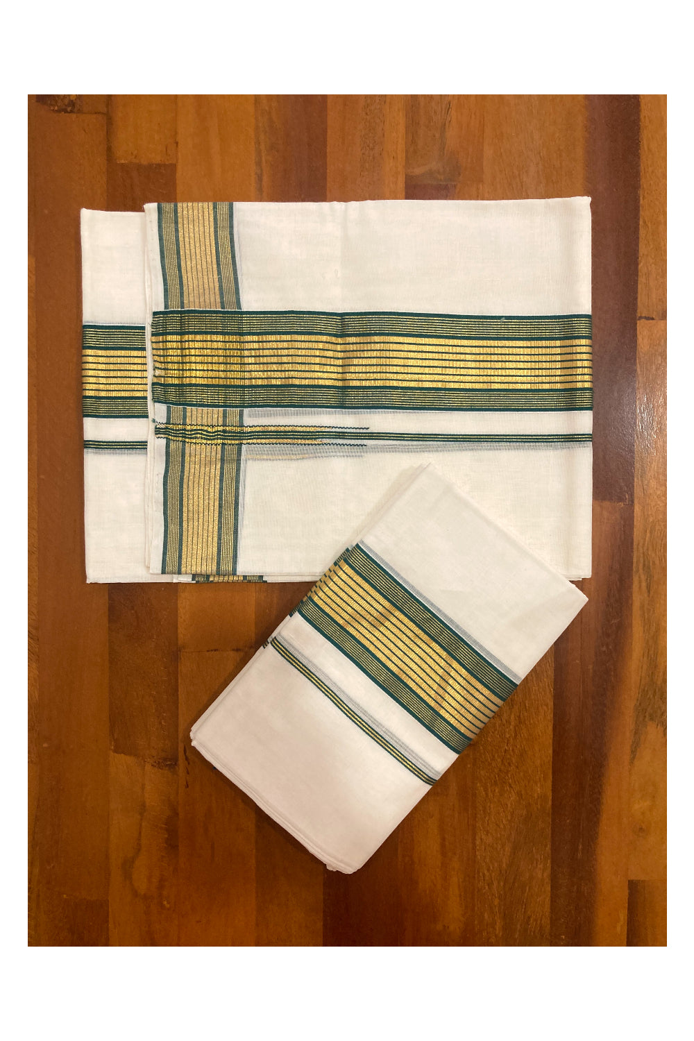 Southloom Premium Handloom Set Mundu with Kasavu and Green Border 2.80 Mtrs