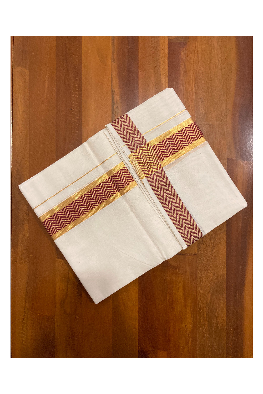 Off White Kerala Double Mundu with Kasavu and Dark Red Woven Border (South Indian Dhoti)