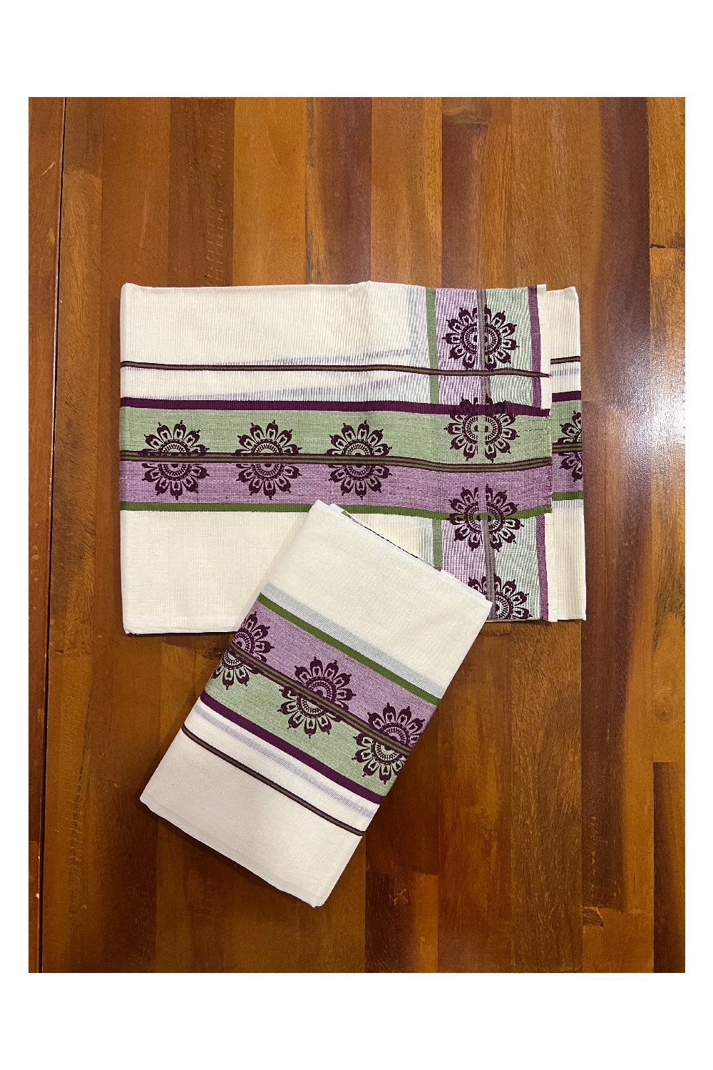 Kerala Cotton Set Mundu (Mundum Neriyathum) with Floral Block Prints on Green and Purple Border