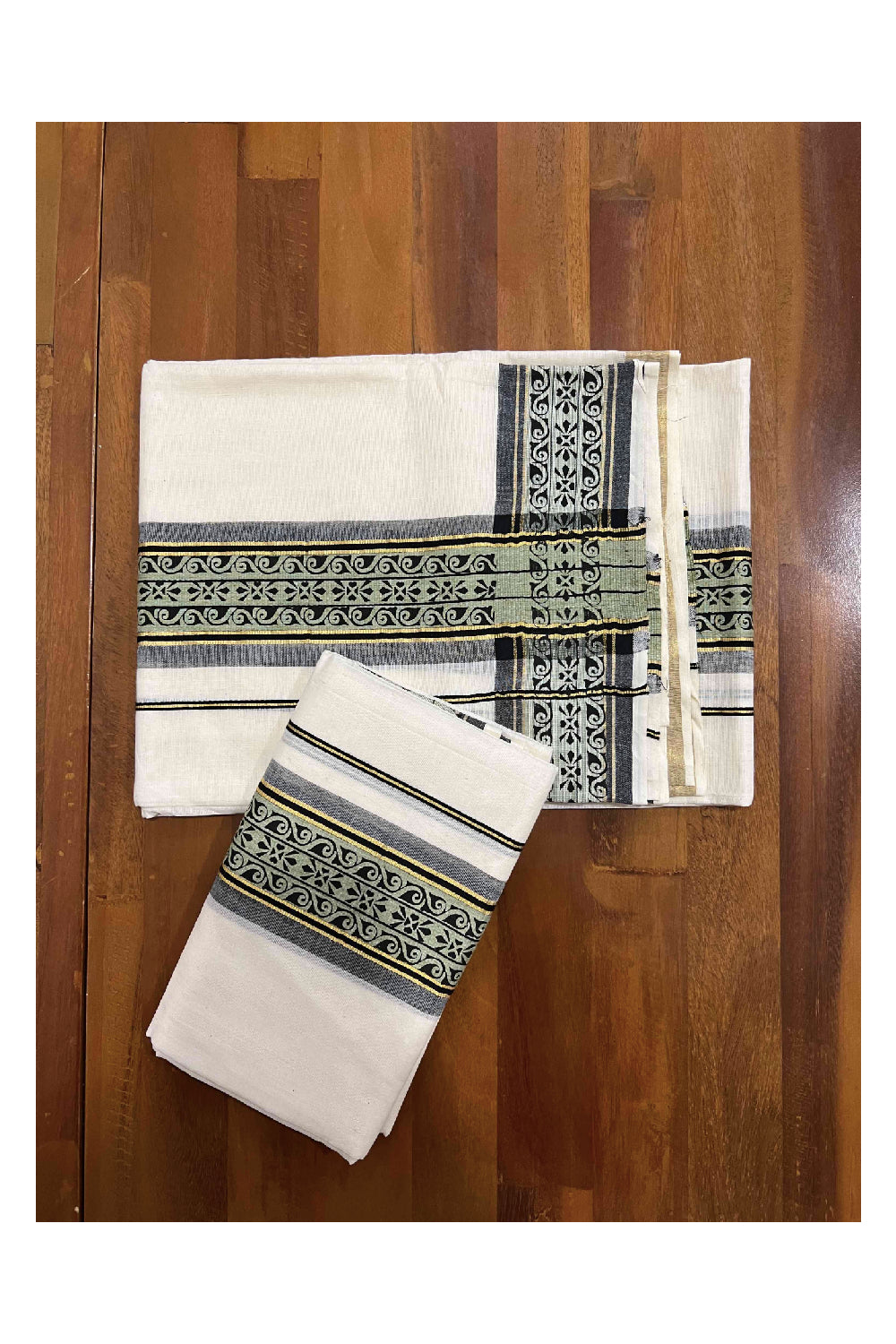 Kerala Cotton Set Mundu (Mundum Neriyathum) with Kasavu and Black Block Print Border