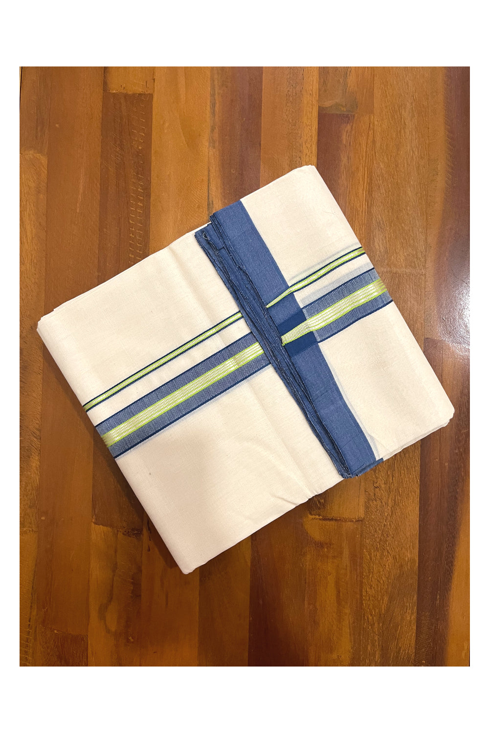 Southloom Premium Handloom Double Mundu with Blue and Silver Kasavu Border