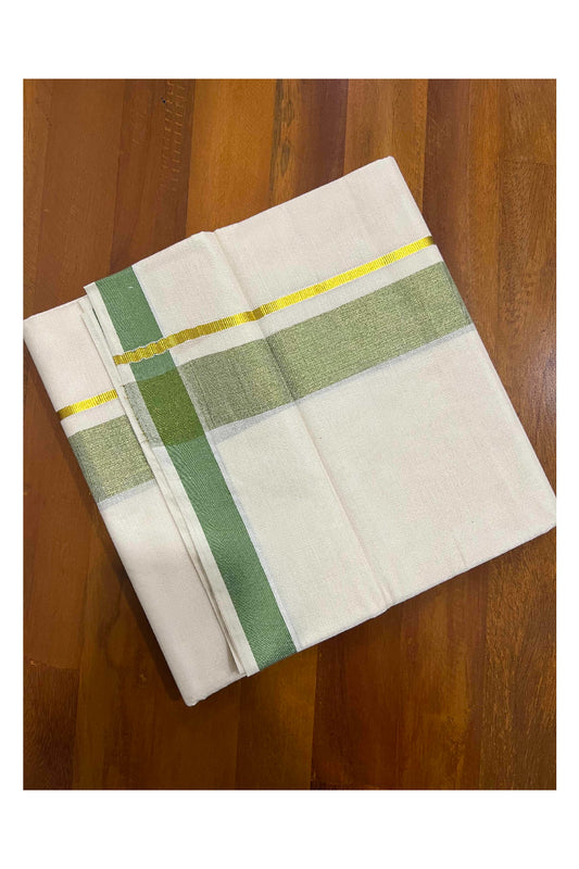 Off White Kerala Double Mundu with Green and Kasavu Line Border (South Indian Dhoti)