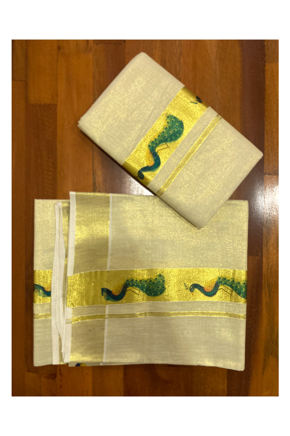 Kerala Tissue Kasavu Set Mundu (Mundum Neriyathum) with Peacock Block Printed Design 2.80 Mtrs