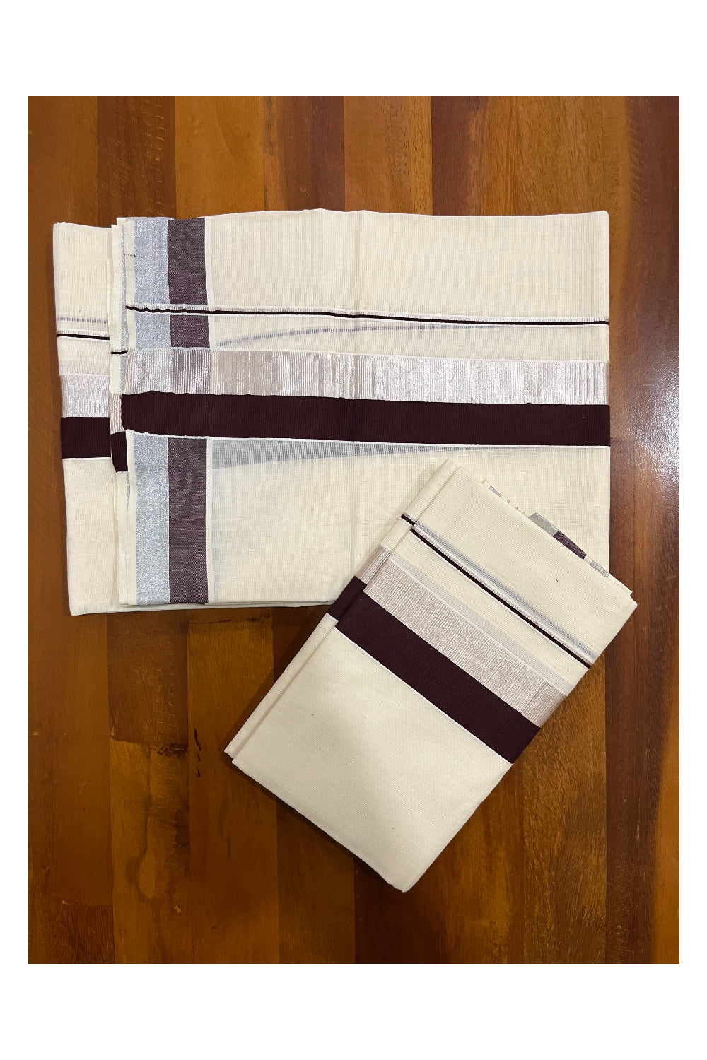 Pure Cotton Kerala Single Set Mundu (Mundum Neriyathum) with Dark Brown and Silver Kasavu Border 2.80 Mtrs