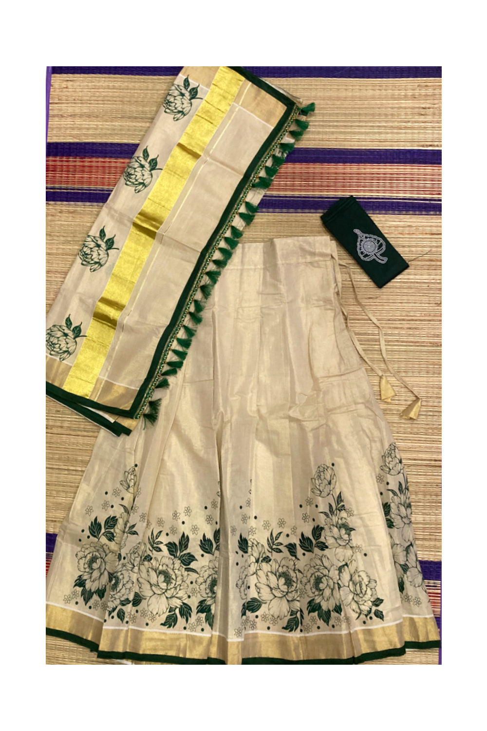 Kerala Tissue Semi Stitched Dhavani Set with Green Floral Mural Printed Design and Black Blouse Piece