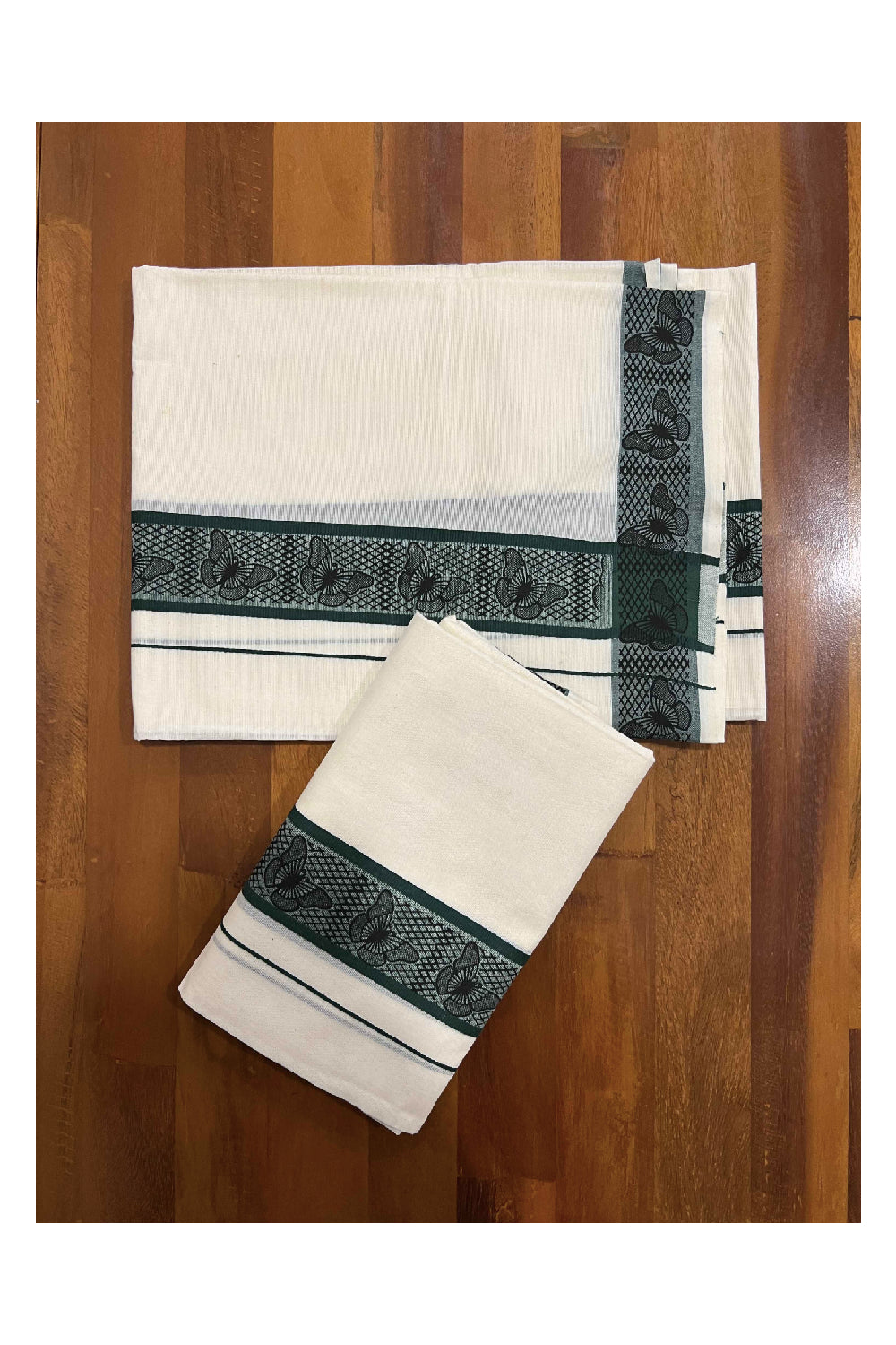 Kerala Cotton Set Mundu (Mundum Neriyathum) with Dark Green Butterfly Block Printed Border