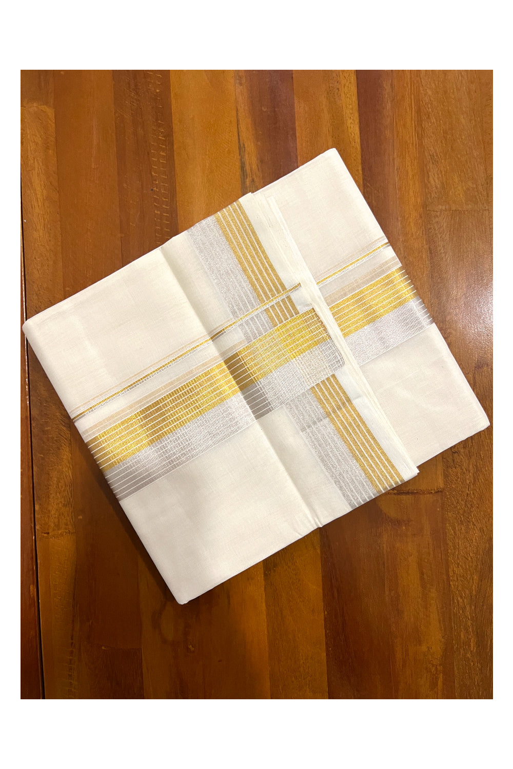 Southloom Premium Handloom Cotton Off White Mundu with Golden and Silver Kasavu Line Border (South Indian Dhoti)