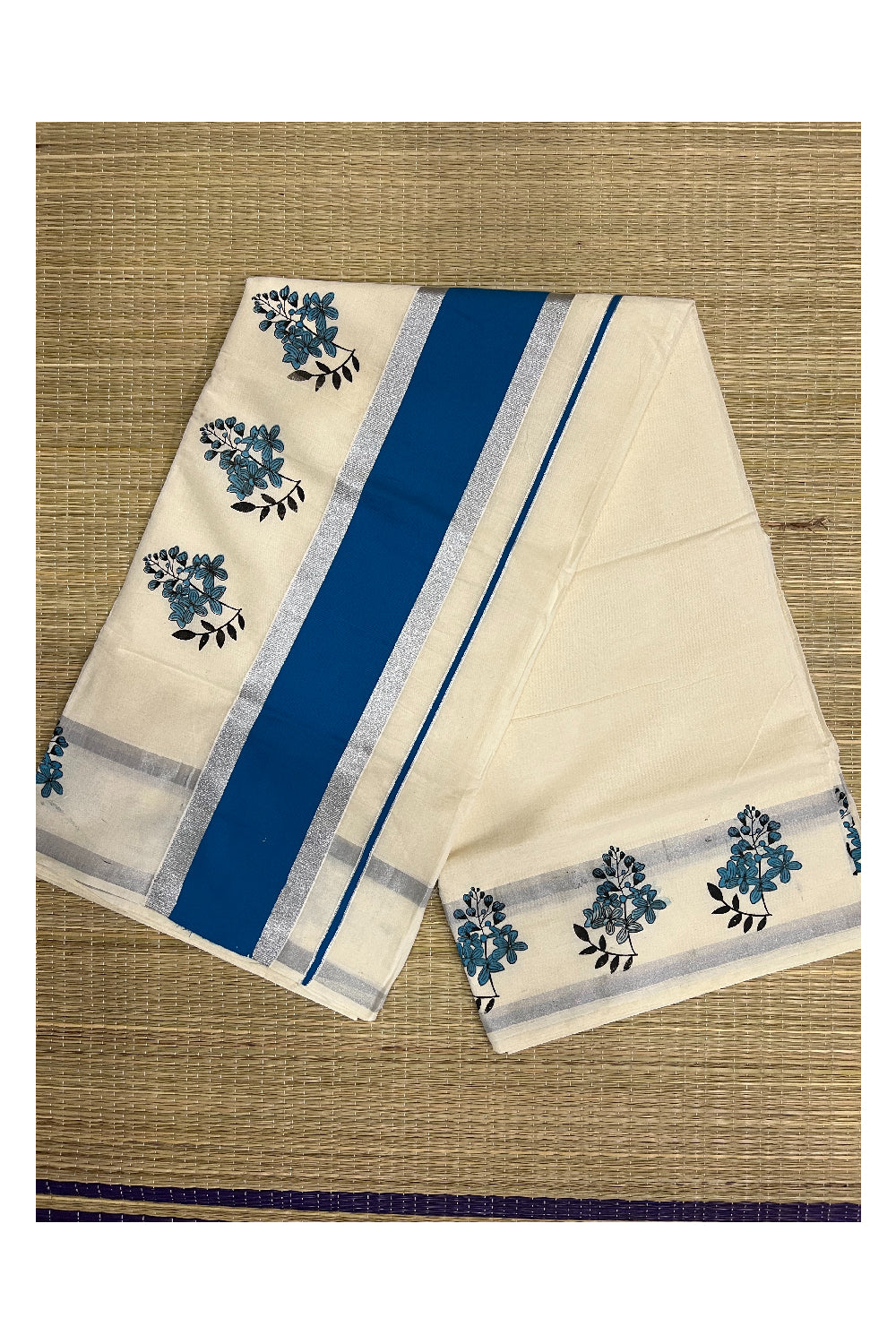 Pure Cotton Kerala Silver Kasavu Saree with Light Blue Floral Block Printed Border