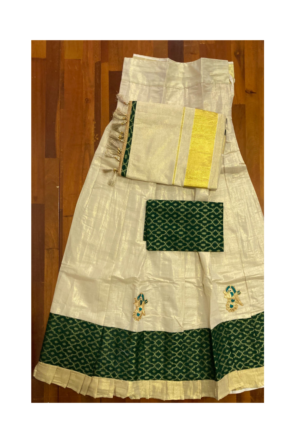 Kerala Tissue Stitched Dhavani Set with Blouse Piece and Neriyathu in with Dark Green Accents