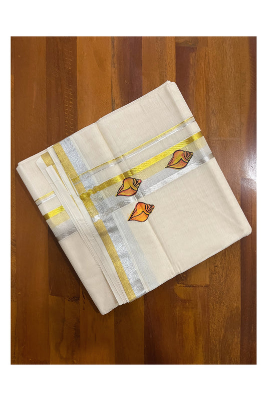 Off White Pure Cotton Double Mundu with Shell Mural Painted Design on Silver and Golden Kasavu Kara (South Indian Dhoti)