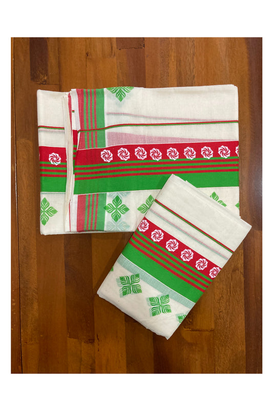 Cotton Set Mundu (Mundum Neriyathum) with Block Prints on Red and Green Border
