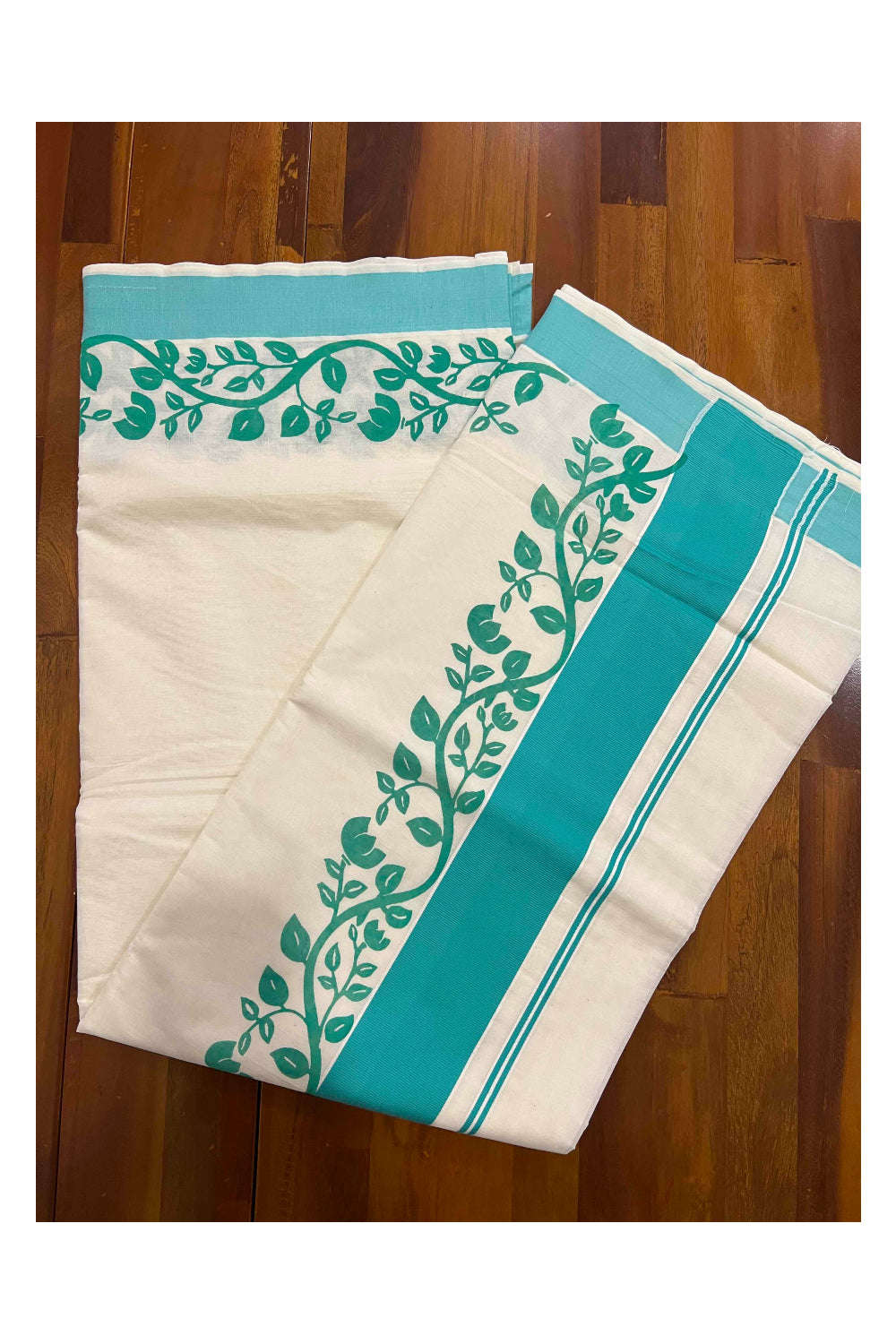 Southloom Original Design Kerala Saree with Turquoise Floral Vines Block Print