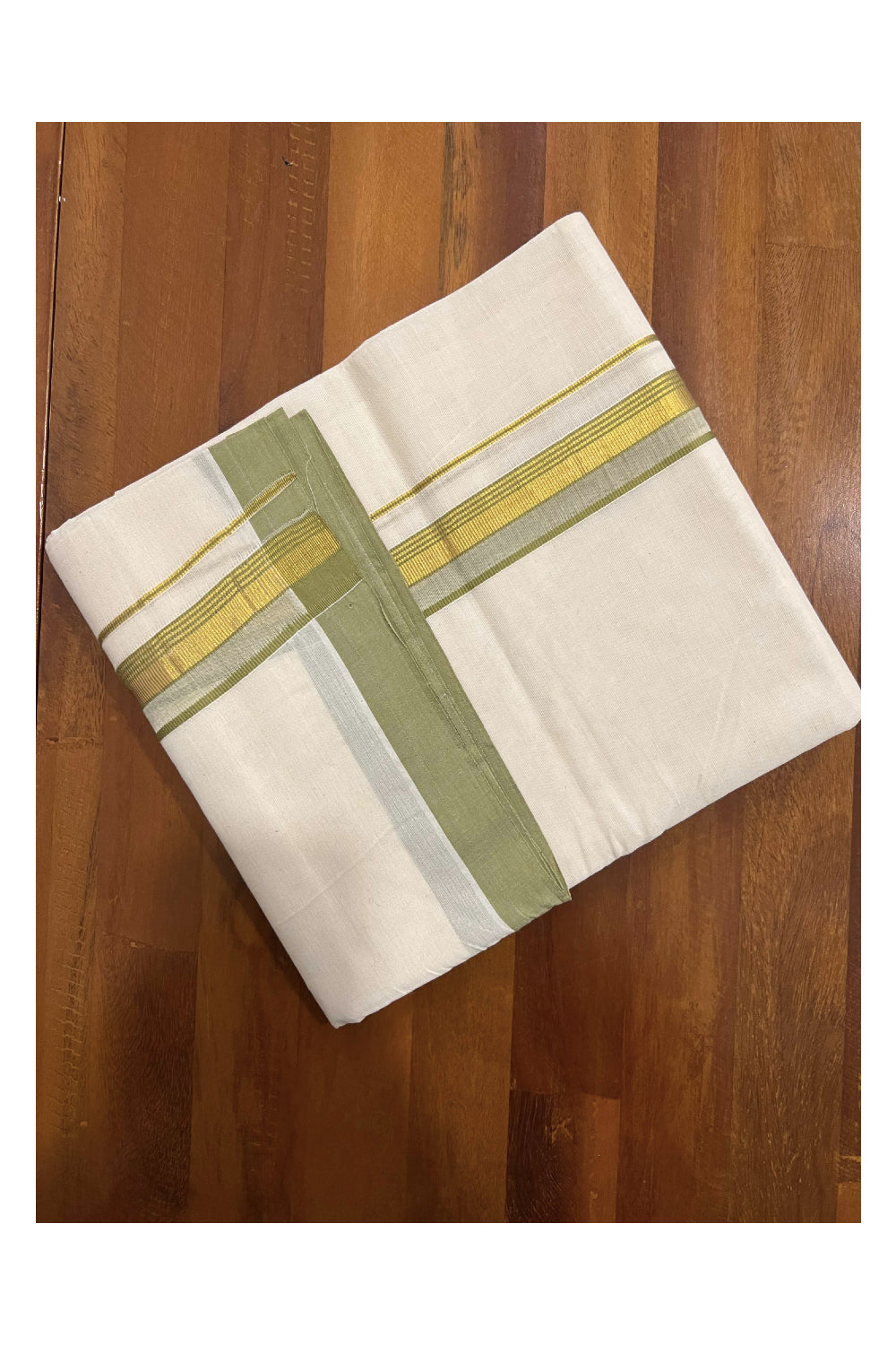 Off White Pure Cotton Double Mundu with Kasavu and Olive Green Kara (South Indian Dhoti)