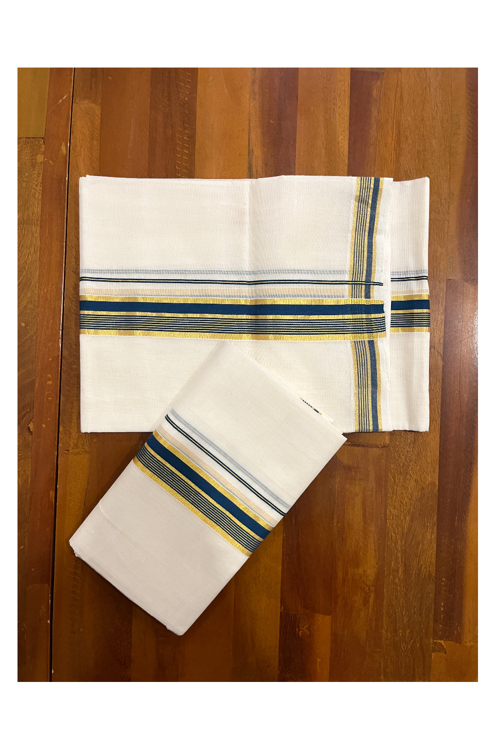 Southloom Premium Handloom Set Mundu with Kasavu and Blue Border