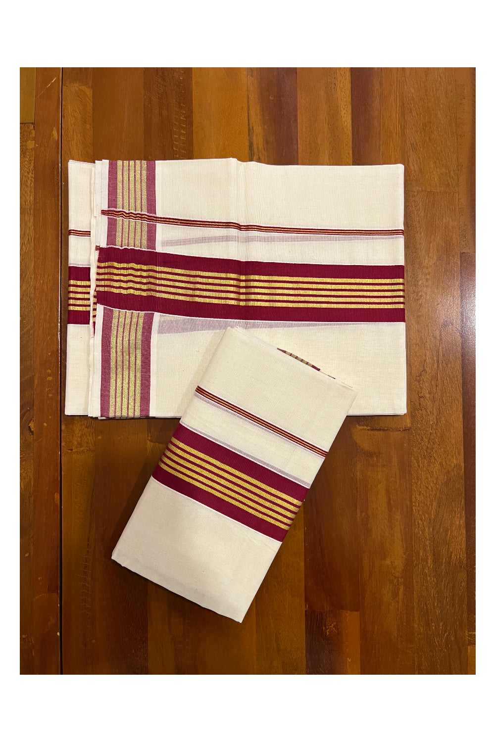 Pure Cotton Kerala Single Set Mundu (Mundum Neriyathum) with Maroon and Kasavu Border 2.80 Mtrs