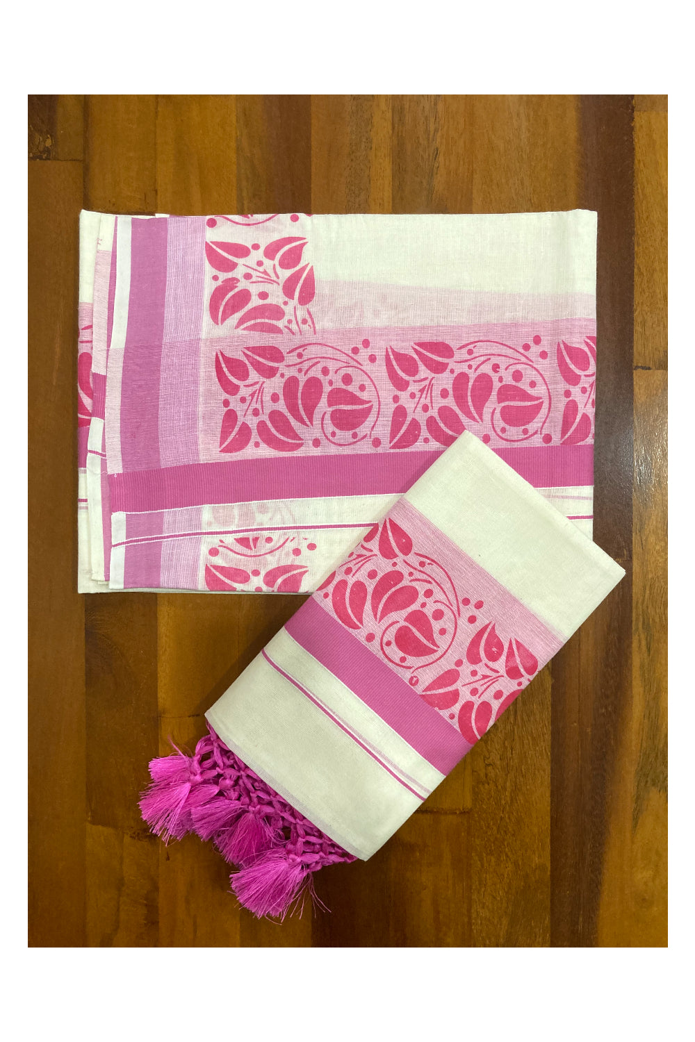 Kerala Cotton Mundum Neriyathum Single (Set Mundu) with Pink Block Print Border and Tassels Work