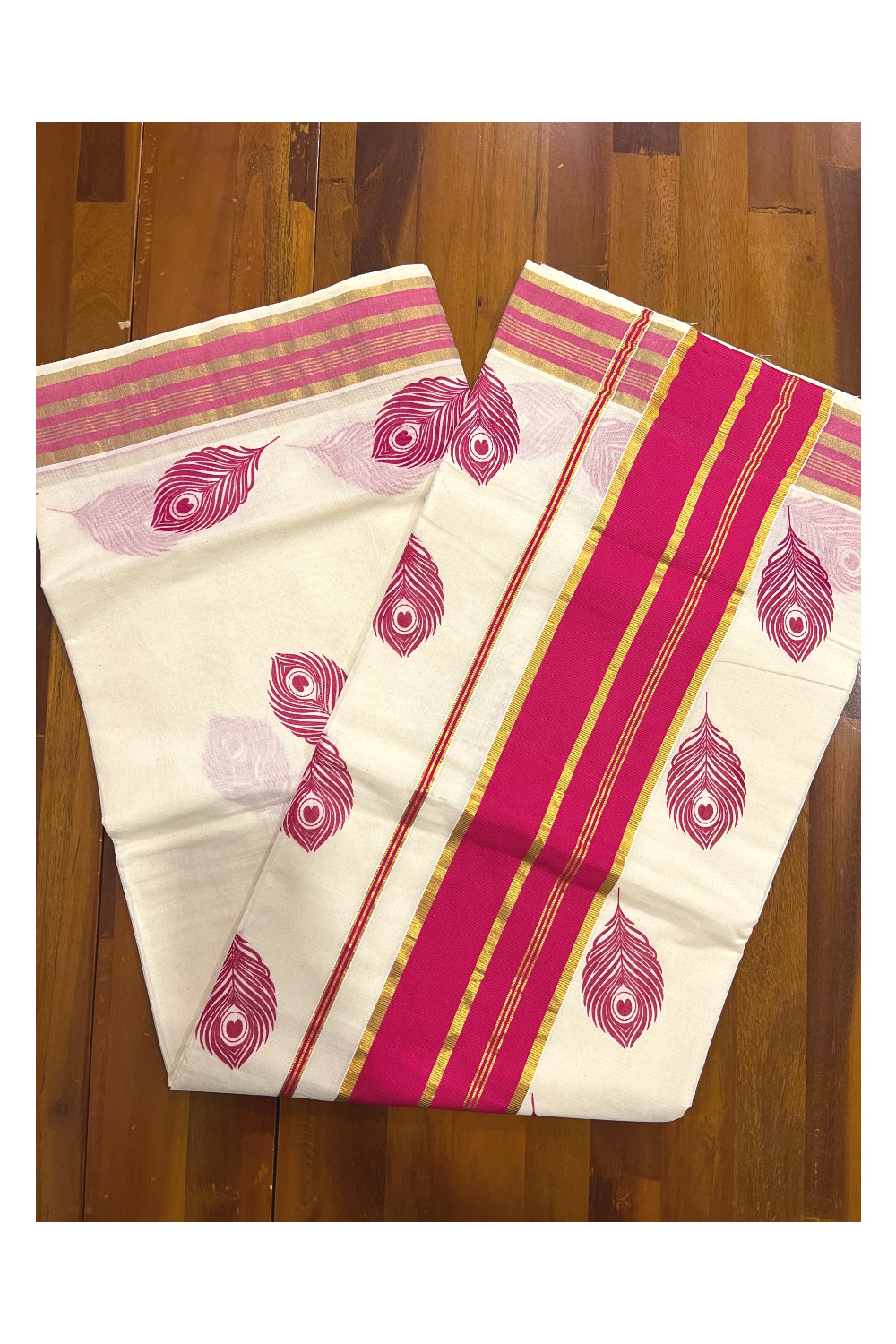 Pure Cotton Kerala Saree with Kasavu and Dark Pink Feather Block Prints on Border