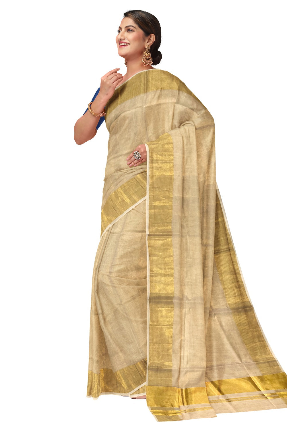 Southloom™ Handloom Premium Tissue Kasavu Saree with 4 inch Pallu