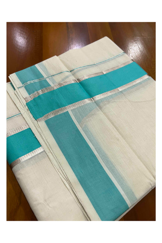 Off White Kerala Double Mundu with Silver Kasavu and Turquoise Border (South Indian Dhoti)