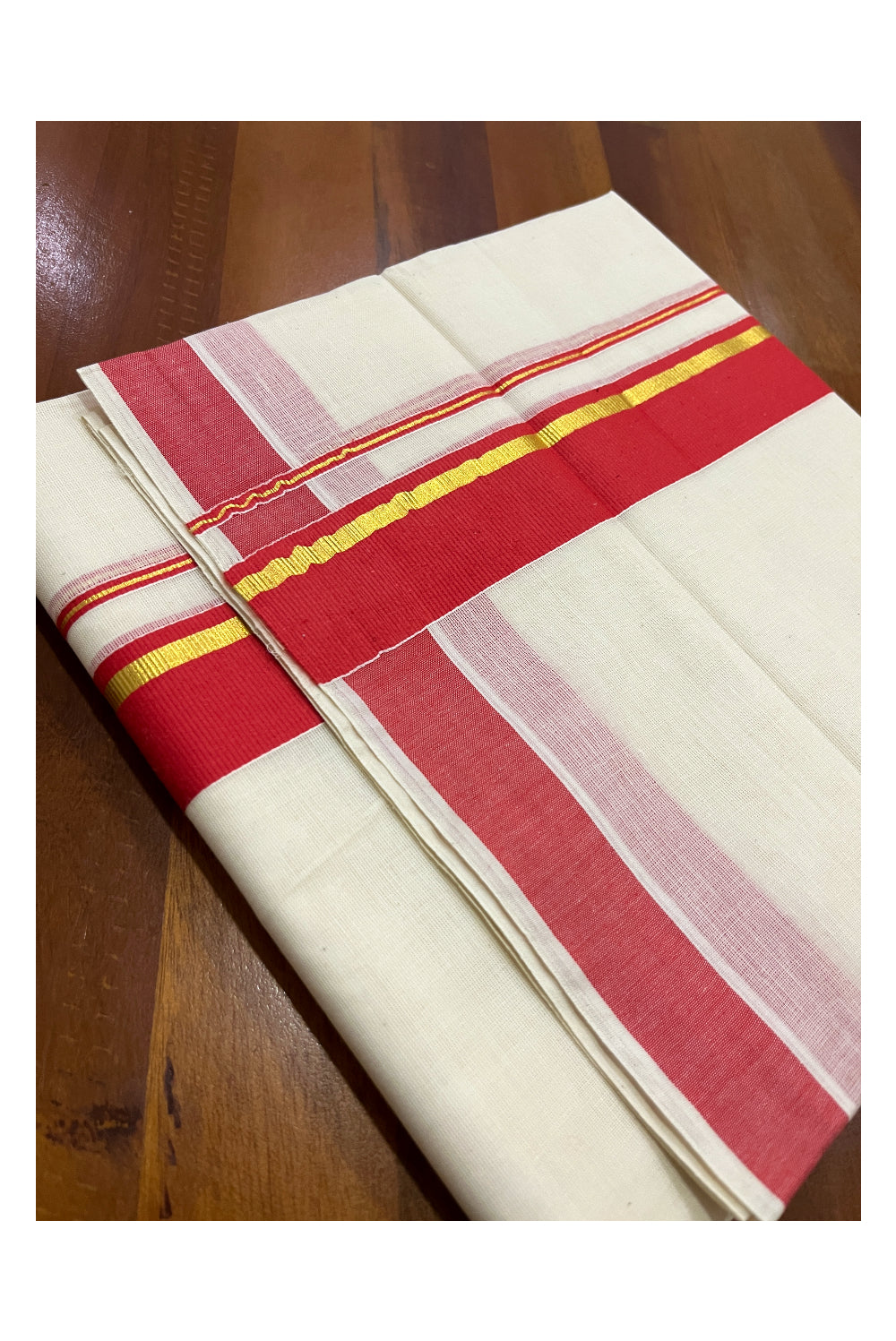 Pure Cotton Double Mundu with Kasavu Dark Orange Kara (South Indian Dhoti)