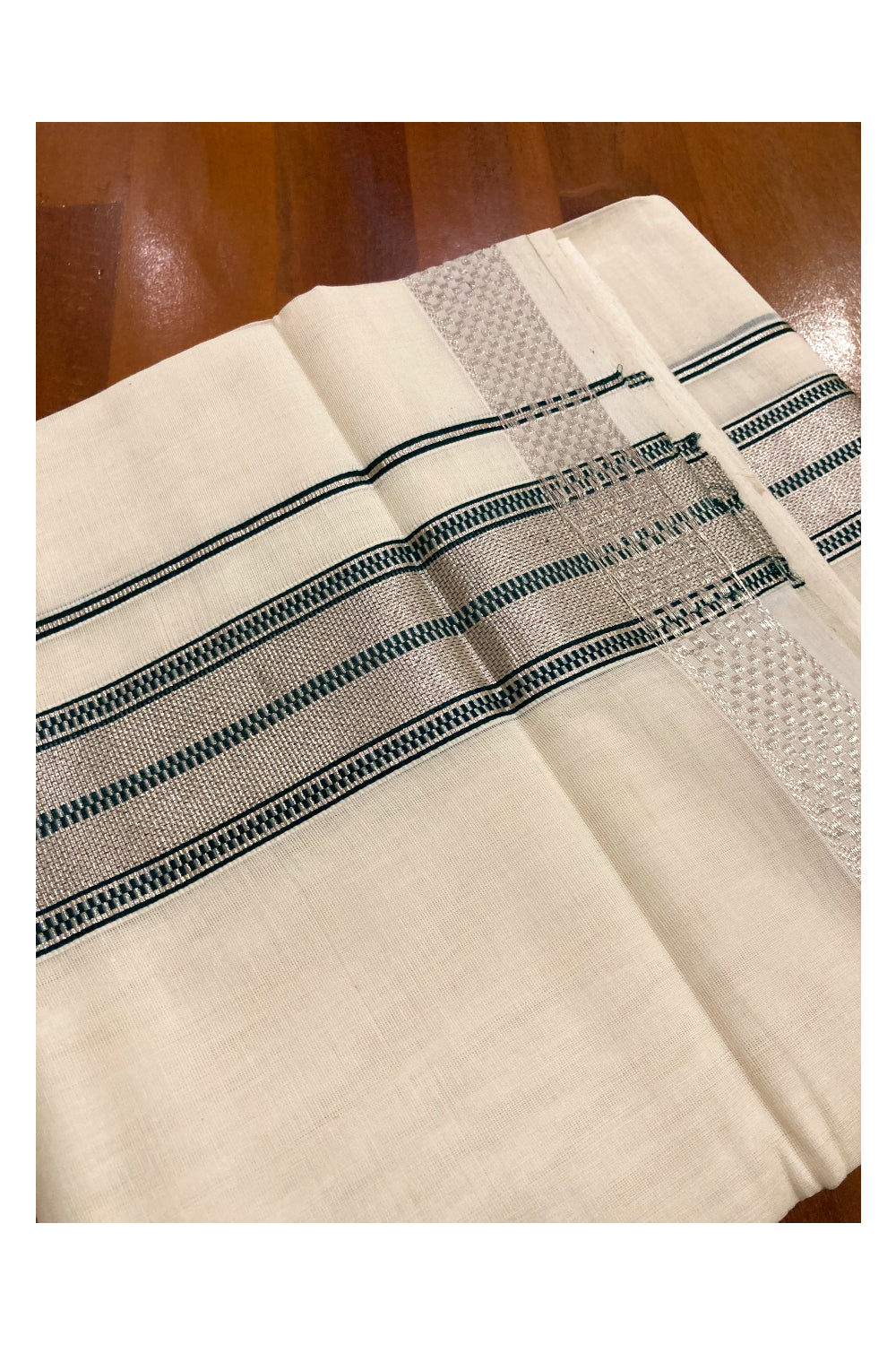 Southloom Premium Handloom Pure Cotton Mundu with Green and Silver Kasavu Border (South Indian Dhoti)