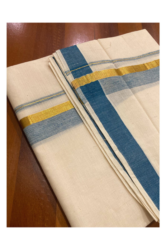 Pure Cotton Off White Double Mundu with Blue and Kasavu Border (South Indian Dhoti)