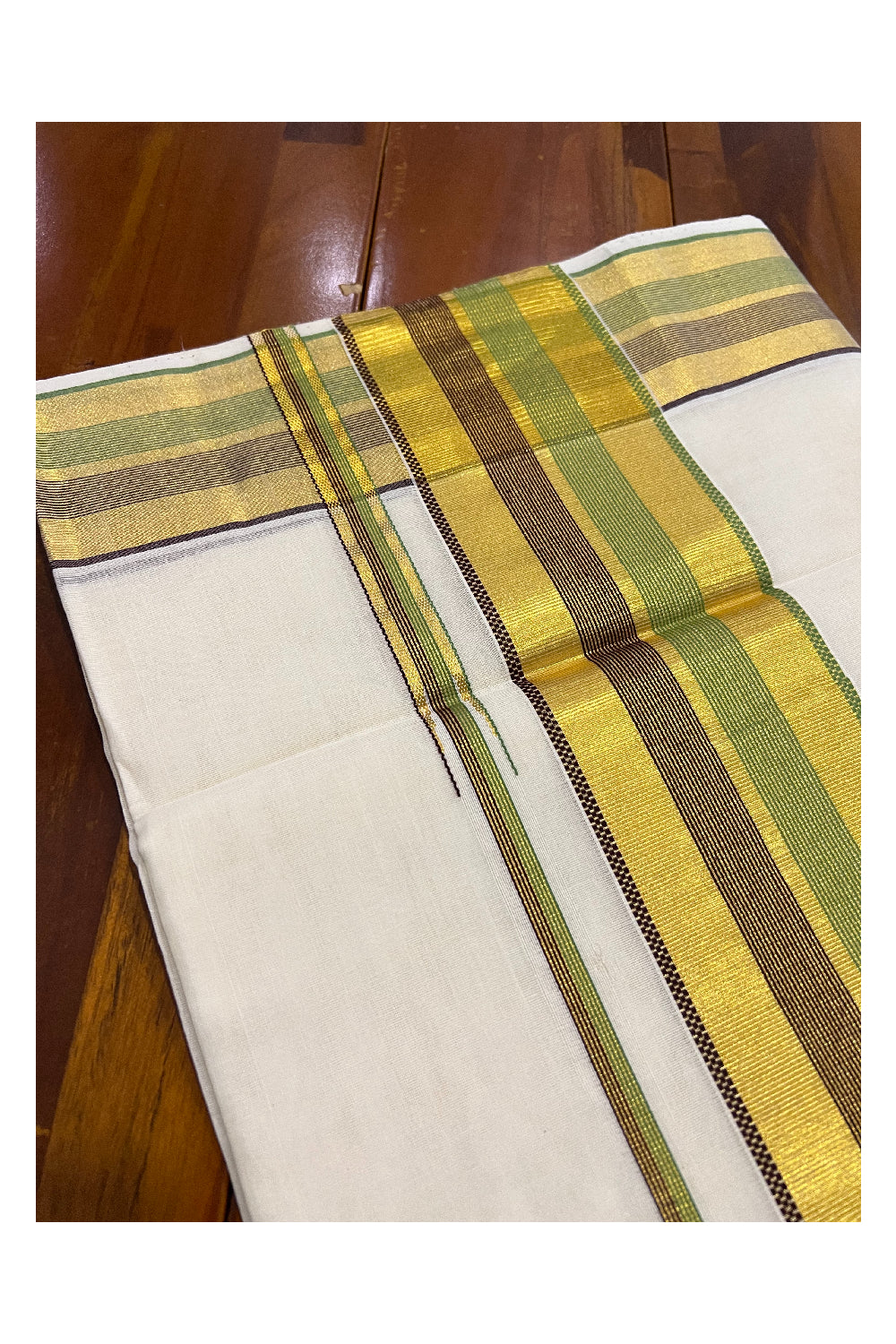 Southloom™ Premium Handloom Kerala Saree with Kasavu Brown and Light Green Border