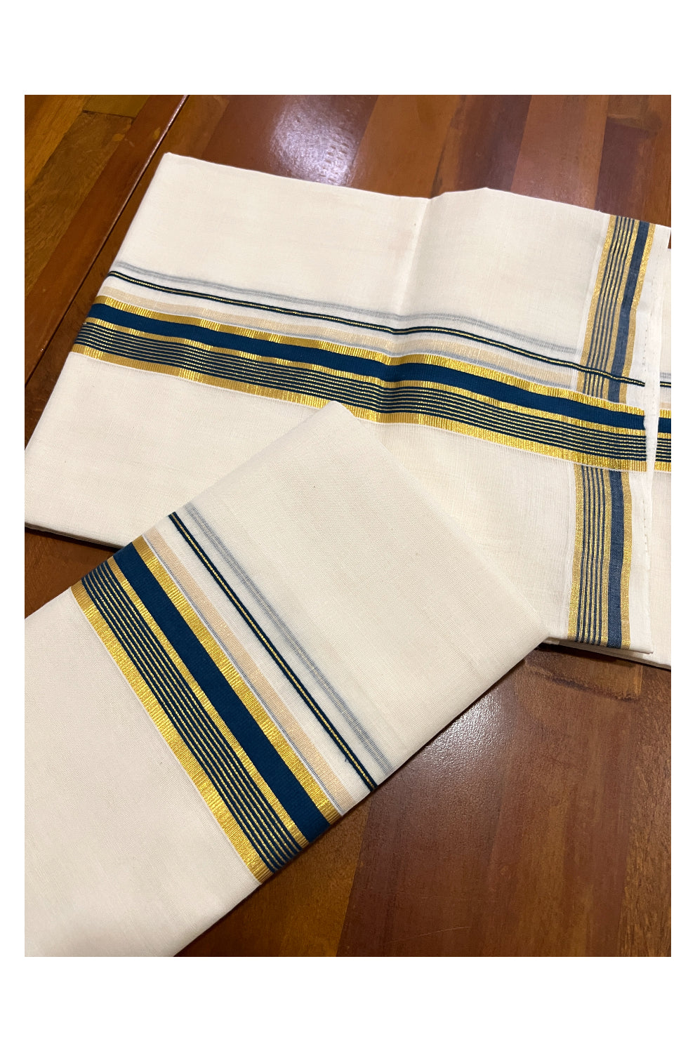 Southloom Premium Handloom Set Mundu with Kasavu and Blue Border